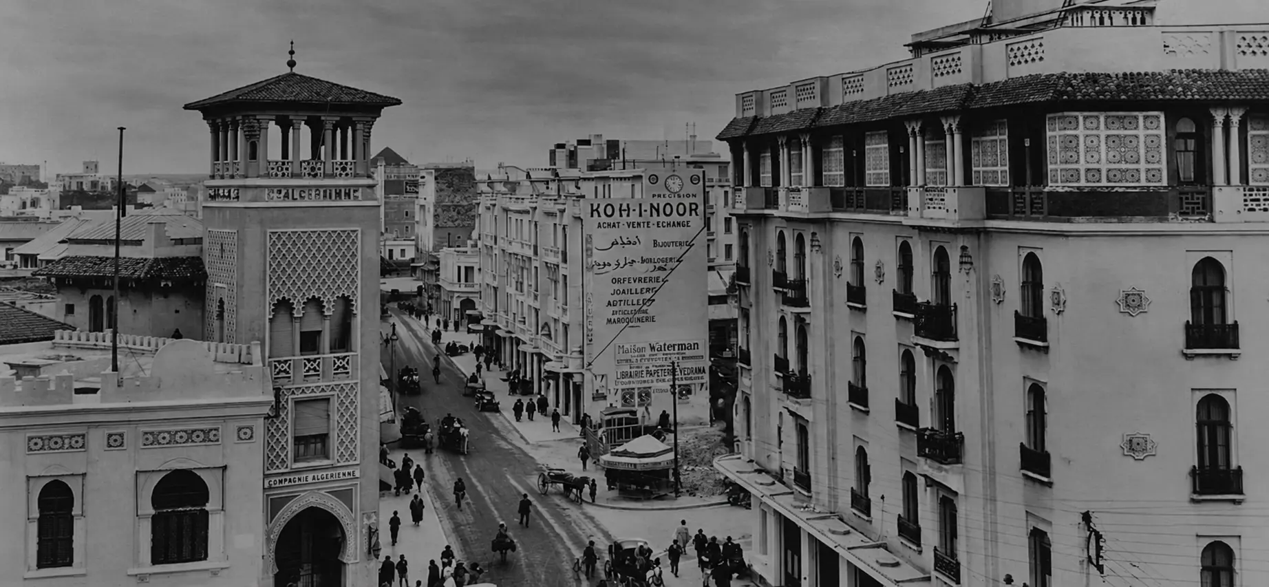 Historic black-and-white street view of Casablanca